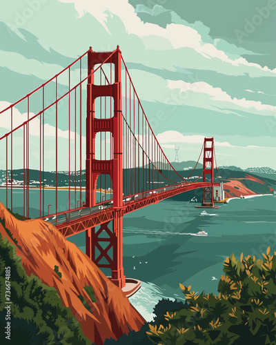 San Francisco's Golden Gate Bridge, illustrated in warm sunset tones against a serene sky, Poster Cover Design