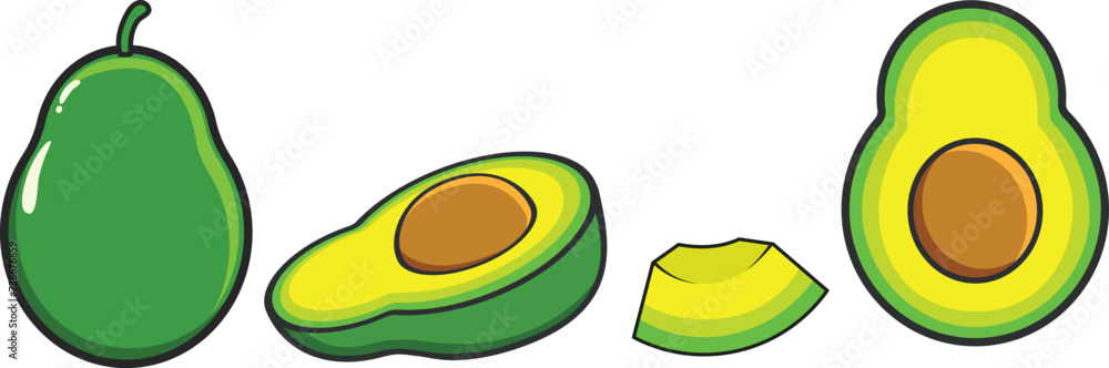 Set of fresh avocado, whole and half sliced isolated on white background. Vector illustration for design packaging, cover, print, banner, poster, clipart, sticker, icon, mascot, logo. Set of fresh avocado, whole and half sliced isolated on white background. Vector illustration for design packaging, cover, print, banner, poster, clipart, sticker, icon, mascot, logo.