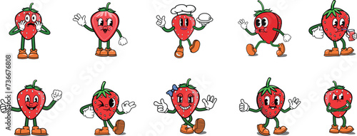 Set of red strawberry cartoon characters. Berry Fruit cartoon expression, Cheerful, funny, cute, thumb up, angry, wave hand, scared, walking
