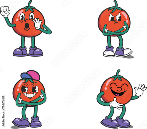 Red tomatoes retro cartoon character with many pose, gesture and emotion. Red tomato Vintage cartoon using glove and shoes, angry, laugh, smiling, cheerful. Fruit Vector illustration