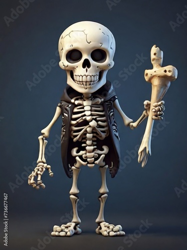 full body cartoon skeleton smiling and holding a bone