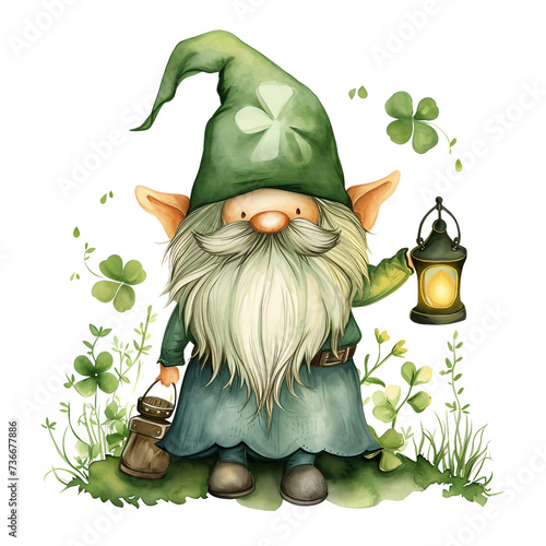 gnome Holding Green Lantern for St. Patrick's Day, watercolor clipart 