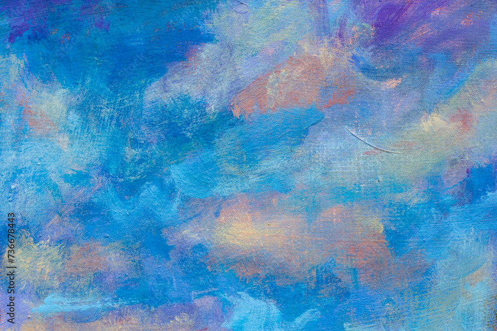 Abstract blue sky with clouds close-up. Background, texture. Fragment of painting on canvas.
