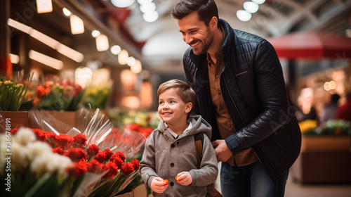 father and son buying flowers for mother photo