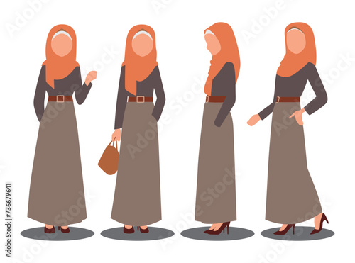 Set of Muslim women in illustration in vector flat illustration. Stylish muslim business person. Suitable for banners, flyers, presentations, posters, etc.
