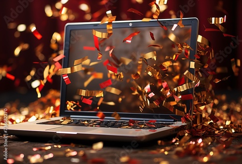 a laptop with confetti flying out of it