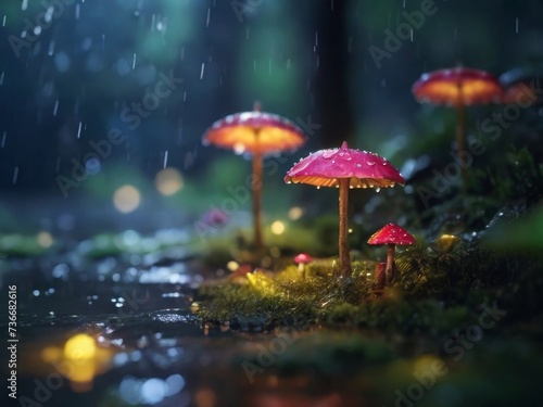 glowing mushrooms in a dark, moody rainy magical forest