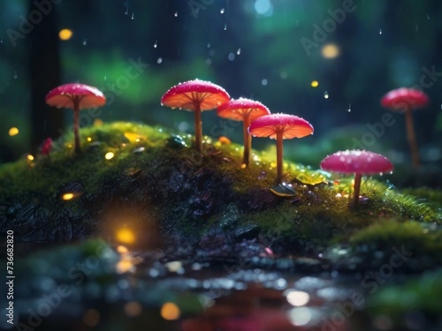 glowing mushrooms in a dark, moody rainy magical forest © YudhiaAsta