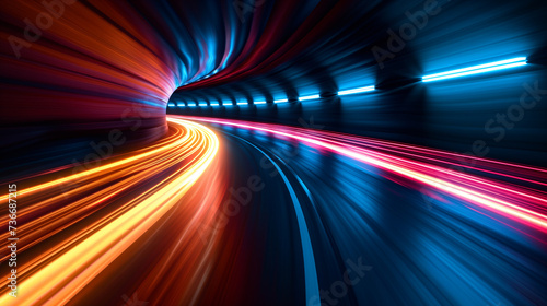 Abstract empty road tunnel with colorful light trails. © Andrii