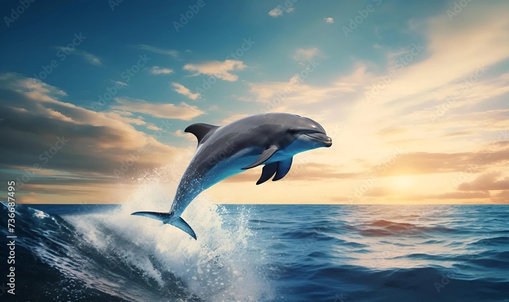 dolphin jump into ocean with blue sky