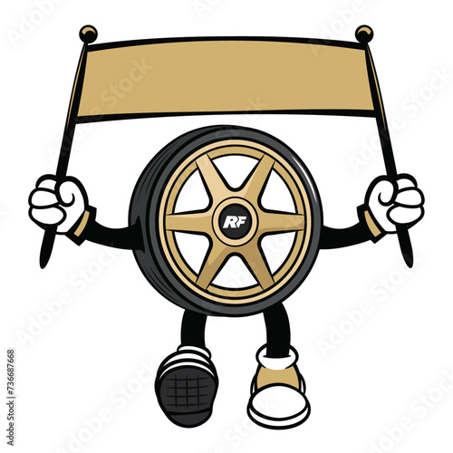 Vintage Style Wheel Character Holding A Banner