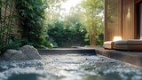 Zen backyard oasis with gentle hot tub streams and ambient evening lights.
