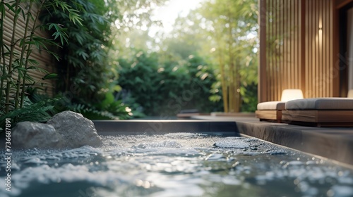 Zen backyard oasis with gentle hot tub streams and ambient evening lights.