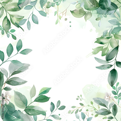 Green leaves watercolor background invitation template, Generative AI 