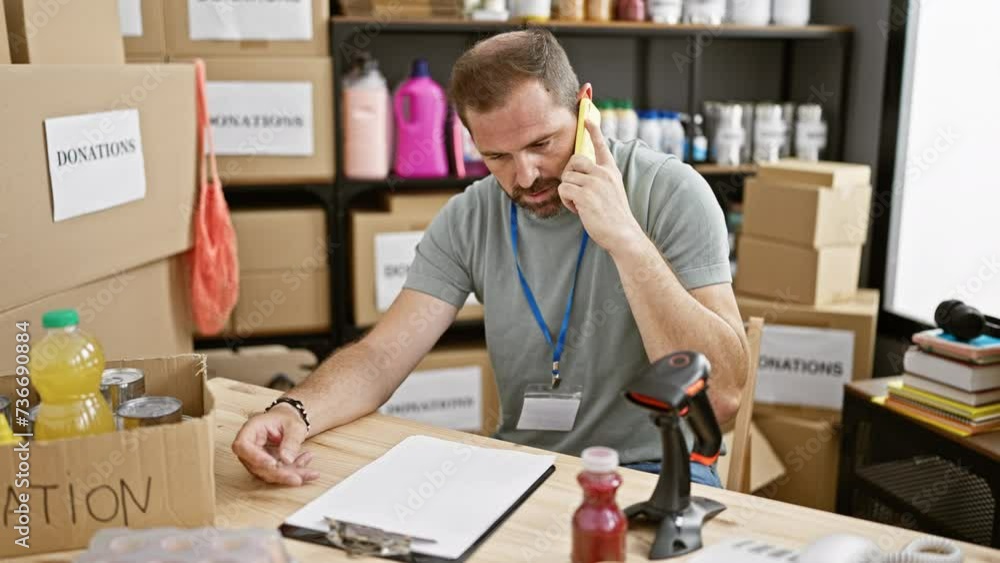 Mature bearded man with lanyard working at donation center, talking and writing amid boxes Mature bearded man with lanyard working at donation center, talking and writing amid boxes
