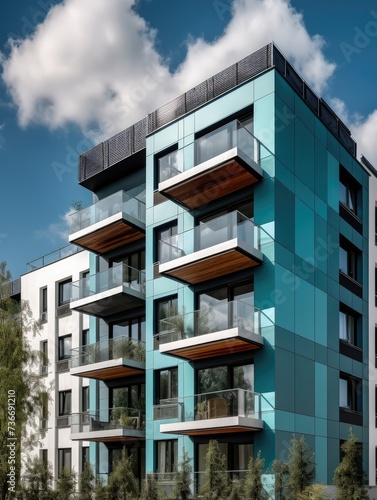 Modern apartment building with balconies and balconies.