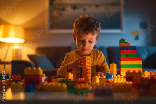 Child engaged in creative play with building blocks at home Symbolizing imagination Learning And developmental growth
