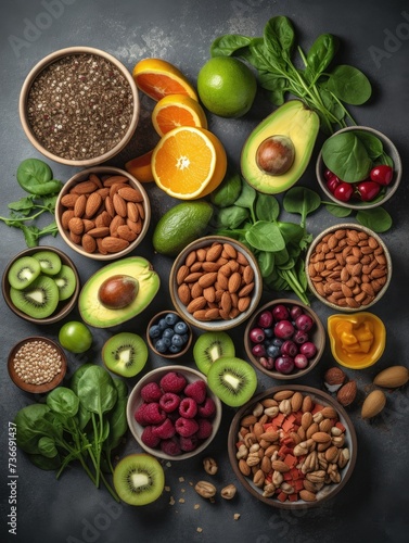Variety of healthy foods in bowls on a dark background.