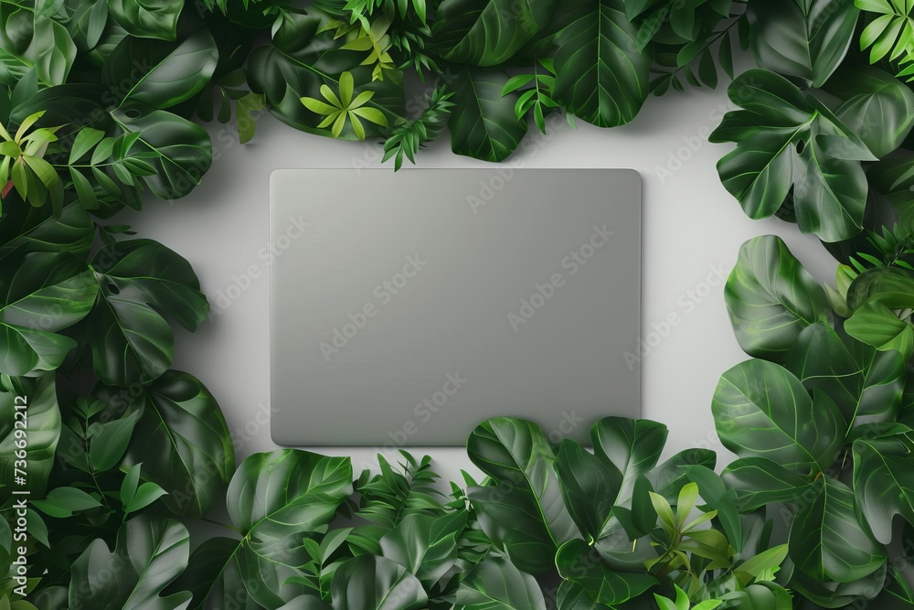 Laptop Surrounded by Lush Foliage on White Background Laptop Surrounded by Lush Foliage on White Background