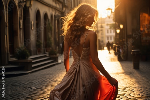 Stylish woman in a sophisticated draped open-back dress, basking in the warm glow of the setting sun in a historic European town