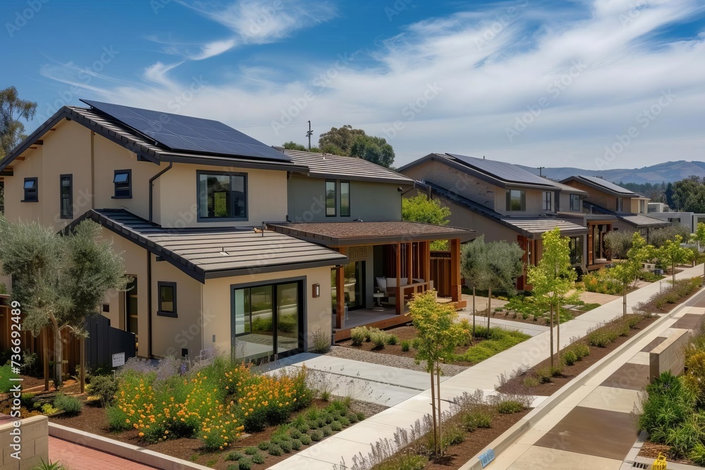 Newly constructed homes featuring solar panels on the rooftops Showcasing the integration of renewable energy in residential development for a sustainable future Newly constructed homes featuring solar panels on the rooftops Showcasing the integration of renewable energy in residential development for a sustainable future