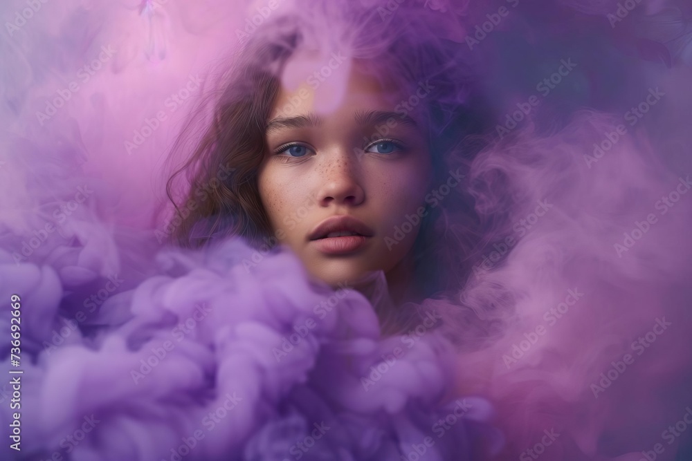Portrait of a young woman enveloped in a dreamlike cloud of purple and pink smoke Highlighting fashion Beauty And abstract art Portrait of a young woman enveloped in a dreamlike cloud of purple and pink smoke Highlighting fashion Beauty And abstract art