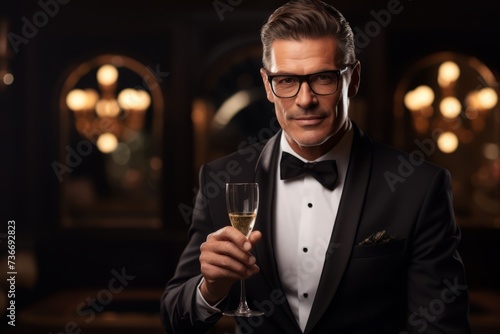 A classy middle-aged gentleman wearing a black bow tie and tuxedo, radiating confidence at a vintage-styled cocktail soiree, with champagne glasses sparkling in the subdued lighting