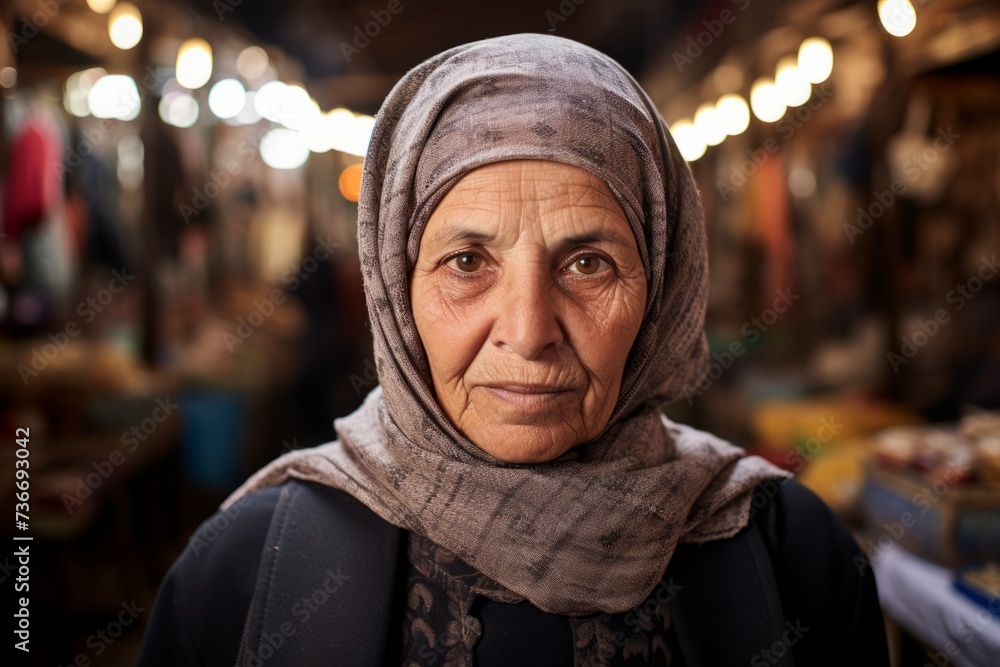 The Radiance of Resilience: A Middle-Aged Woman in Hijab with Deep Brown Eyes, Amidst the Hustle and Bustle of a Local Market The Radiance of Resilience: A Middle-Aged Woman in Hijab with Deep Brown Eyes, Amidst the Hustle and Bustle of a Local Market