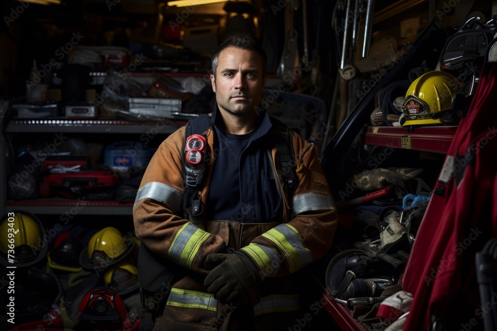 Heroic firefighter poised for action in the fire station, his bravery palpable