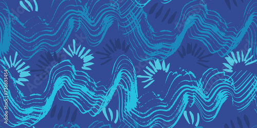 Abstract textured turquoise blue wave brush stroke sea seamless pattern. Trendy summer artistic curve splash paintbrush marine texture print for water swimwear textile, nature surface design