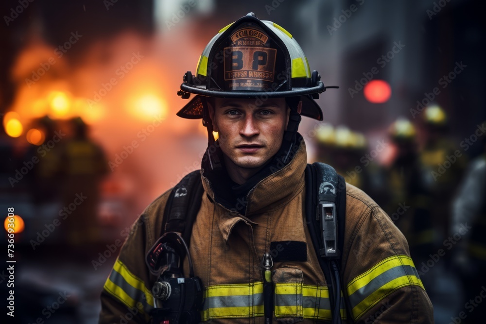 A portrait of courage: Firefighter in full uniform against the dramatic scene of a burning building A portrait of courage: Firefighter in full uniform against the dramatic scene of a burning building