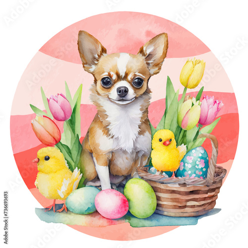 cute chihuahua dog with easter eggs, chick and tulips on transparent background, watercolor animal drawing, vector graphic resources	
