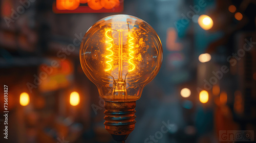 Glowing Vintage Edison Light Bulb Against a Blurred Urban Background