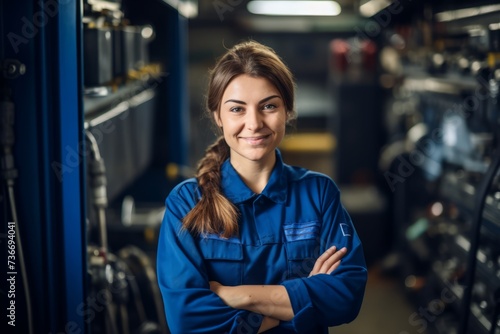 Empowered Woman in Blue Uniform: A Portrait of a Professional Female Plumber in Her Workshop © aicandy