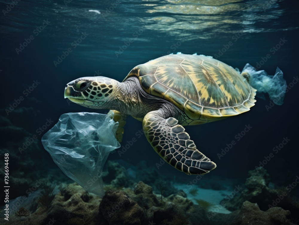Fototapeta premium A turtle swimming in the ocean with plastic waste. Generative AI.