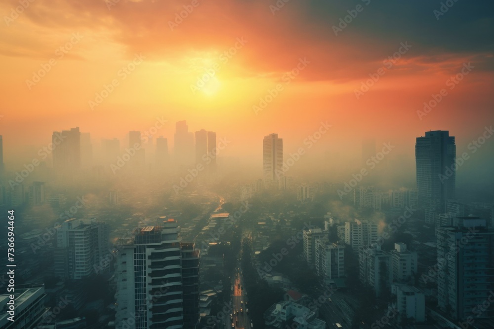 A city skyline with the sun rising over it. Generative AI.