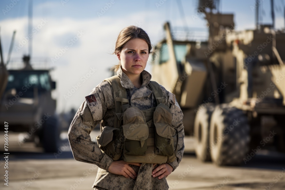 Fototapeta premium An Inspiring Portrait of a Woman in Military Engineering, Standing Tall in her Base