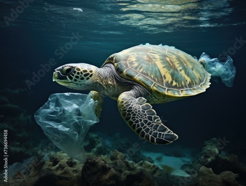 A turtle swimming in the ocean with plastic waste. Generative AI.