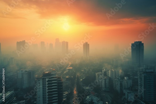 A city skyline with the sun rising over it. Generative AI. © serg3d