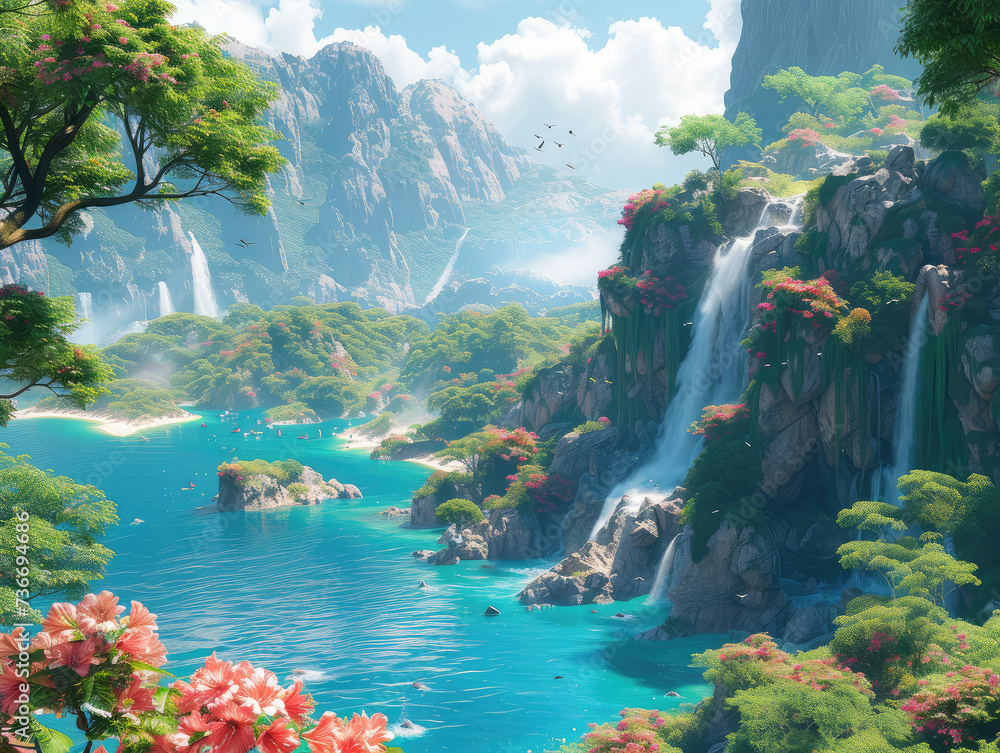 Nature's majestic beauty cascades down a rugged cliff, surrounded by vibrant flowers and towering mountains, a serene oasis of spring water and lush greenery