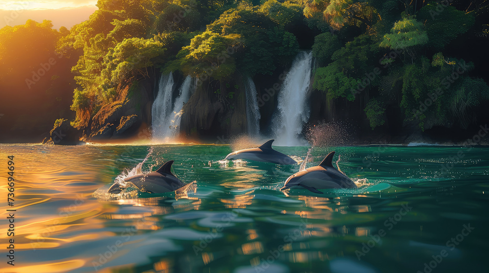 A pod of majestic dolphins frolics in the crystal clear waters of a tranquil lake, surrounded by lush trees and a cascading waterfall, showcasing the harmonious connection between water resources and