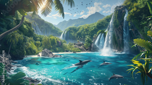 A picturesque landscape of tropical paradise, where a majestic waterfall cascades into crystal clear waters, inviting a group of playful dolphins to swim among the lush trees and breathtaking mountai photo