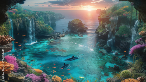 A serene scene of aquatic bliss  as a pod of dolphins gracefully traverse through the crystal clear waters of a lush reef  surrounded by cascading waterfalls and flourishing plant life