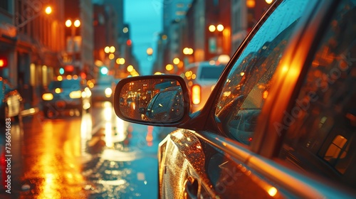 Rainy city streetscape viewed through car mirror in vibrant colors photo