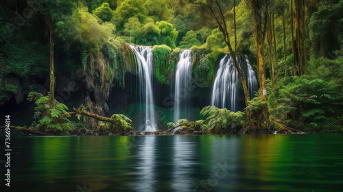 A tranquil oasis of cascading water and lush foliage  the majestic waterfall amidst a forest of trees captures the essence of nature s abundance and the ever-changing beauty of the seasons