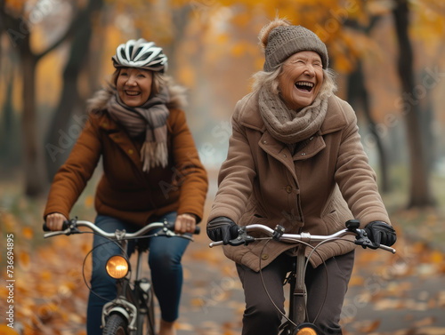 Two senior women ride their bicycles through the park, their focused expressions showing their love for the freedom and adventure of cycling in the great outdoors