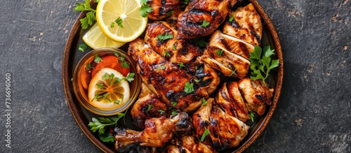 Assorted plate of grilled chicken pieces, viewed from above.