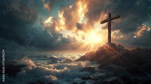 Dramatic clouds and ocean waves frame a solitary cross, symbolizing hope and resilience