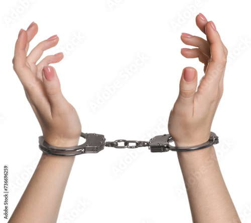 Freedom concept. Woman with handcuffs on white background, closeup