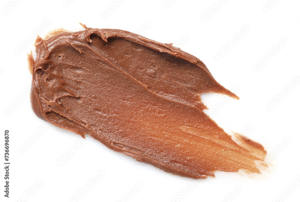 Smear of tasty nut butter isolated on white, top view Smear of tasty nut butter isolated on white, top view